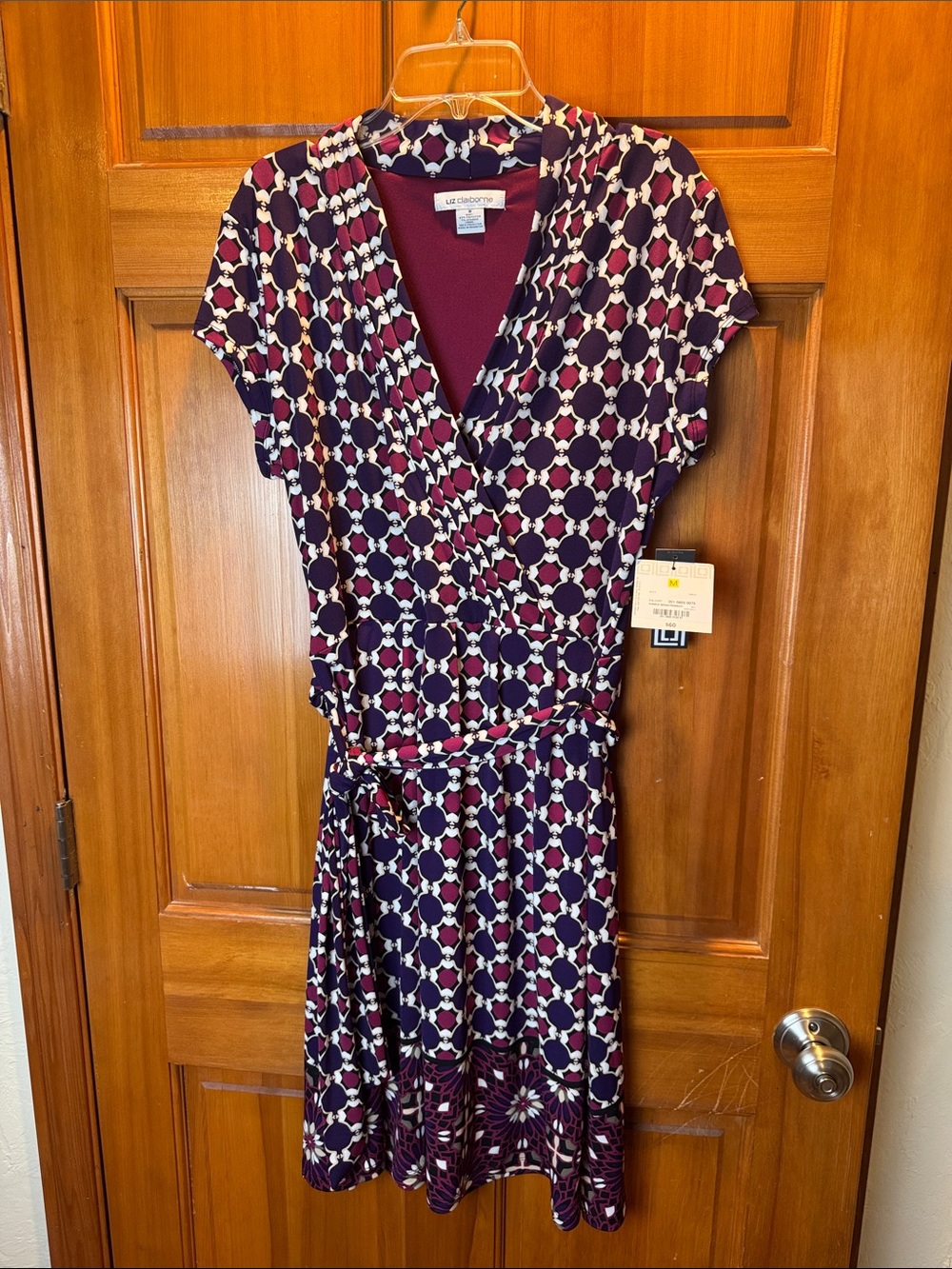 NWT Liz Claiborne Purple Geometric Wrap Dress with Tie Waist Size Medium